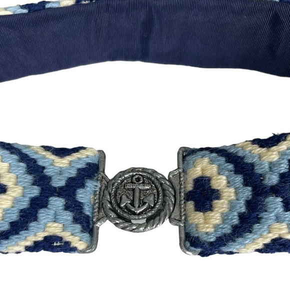 Boho Preppy Blue Embroidered Woven Waist Belt One Size Anchor Buckle Nautical - Picture 2 of 5